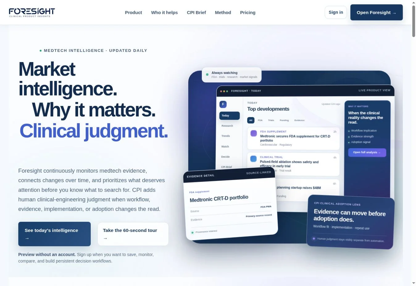 Foresight public homepage and product preview