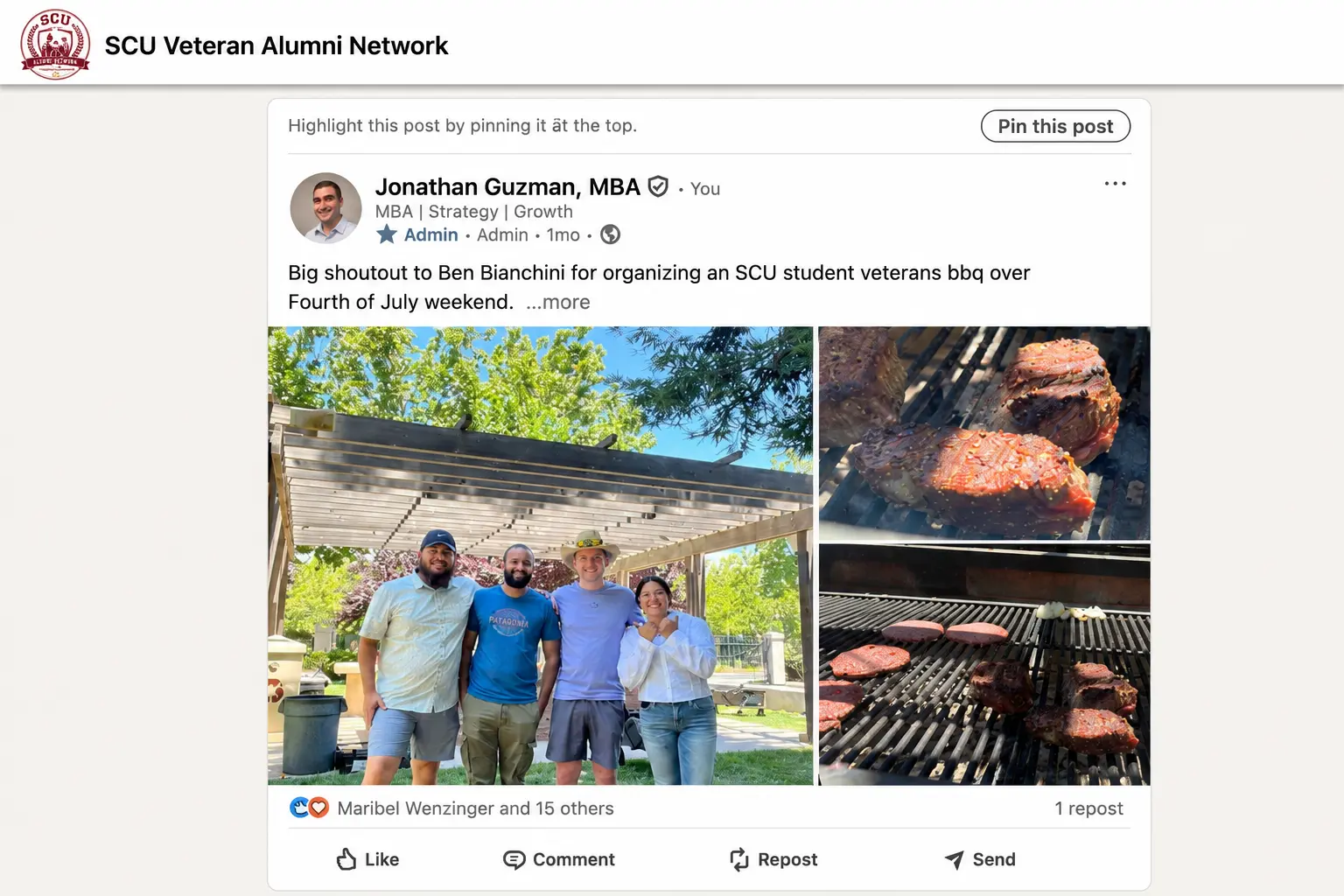 Published SCU Veteran Alumni Network post showing a community gathering
